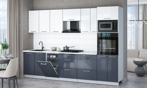 Изображение товара Кухонный гарнитур Интерлиния Мила Gloss 3.05-ПМ3 (асфальт глянец/белый глянец/белый гранит)