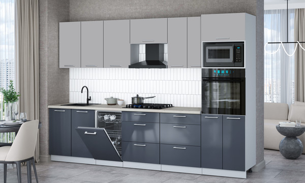 Изображение товара Кухонный гарнитур Интерлиния Мила Gloss 3.05-ПМ3 (асфальт глянец/грей/бискайская сосна)