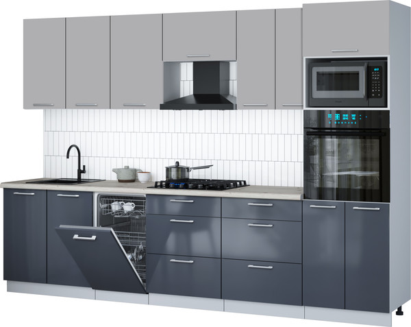 Изображение товара Кухонный гарнитур Интерлиния Мила Gloss 3.05-ПМ3 (асфальт глянец/грей/бискайская сосна)