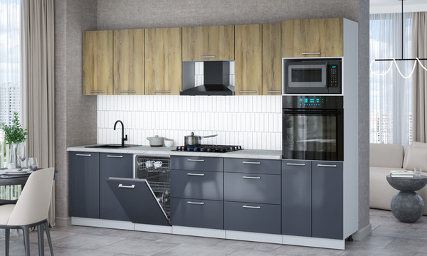 Изображение товара Кухонный гарнитур Интерлиния Мила Gloss 3.05-ПМ3 (асфальт глянец/дуб вотан/серый каспий)