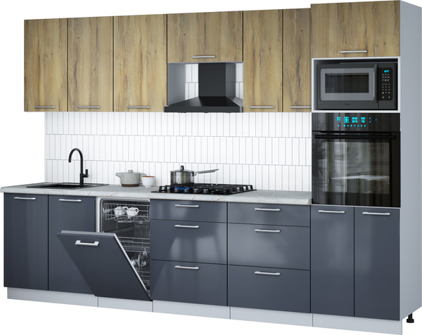 Изображение товара Кухонный гарнитур Интерлиния Мила Gloss 3.05-ПМ3 (асфальт глянец/дуб вотан/серый каспий)