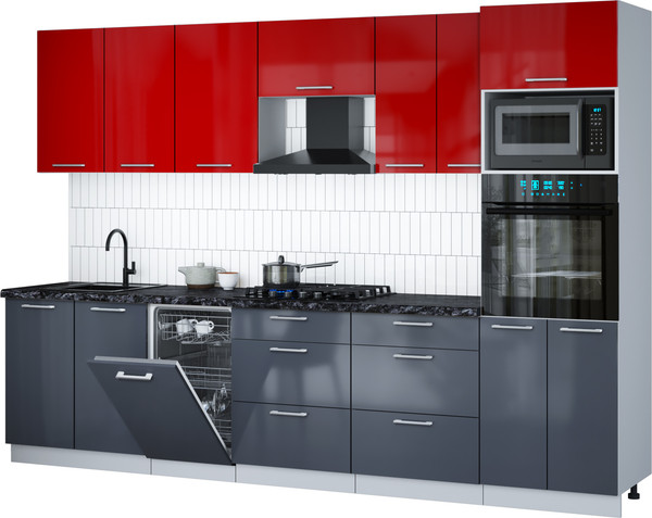 Изображение товара Кухонный гарнитур Интерлиния Мила Gloss 3.05-ПМ3 (асфальт глянец/красный глянец/кастилло темный)