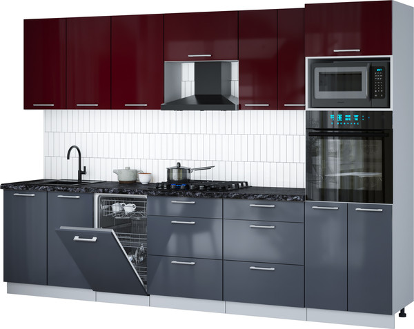 Изображение товара Кухонный гарнитур Интерлиния Мила Gloss 3.05-ПМ3 (асфальт глянец/бордовый глянец/кастилло темный)