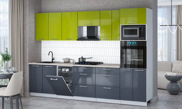 Изображение товара Кухонный гарнитур Интерлиния Мила Gloss 3.05-ПМ3 (асфальт глянец/яблоко глянец/травертин серый)