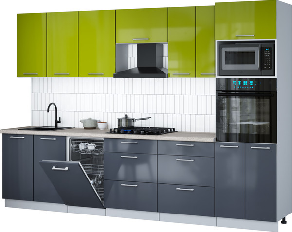 Изображение товара Кухонный гарнитур Интерлиния Мила Gloss 3.05-ПМ3 (асфальт глянец/яблоко глянец/травертин серый)