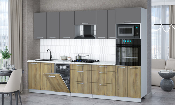 Изображение товара Кухонный гарнитур Интерлиния Мила Gloss 3.05-ПМ3 (дуб вотан/серый/белый гранит)