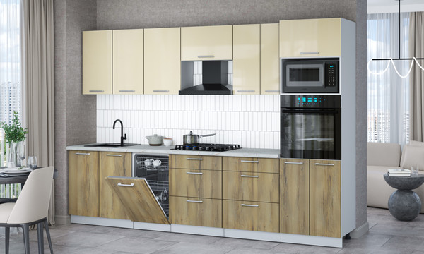 Изображение товара Кухонный гарнитур Интерлиния Мила Gloss 3.05-ПМ3 (дуб вотан/ваниль глянец/серый каспий)