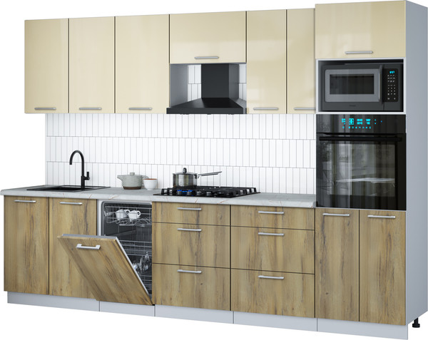 Изображение товара Кухонный гарнитур Интерлиния Мила Gloss 3.05-ПМ3 (дуб вотан/ваниль глянец/серый каспий)