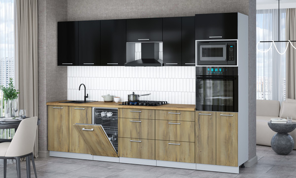 Изображение товара Кухонный гарнитур Интерлиния Мила Gloss 3.05-ПМ3 (дуб вотан/черный глянец/дуб бунратти)
