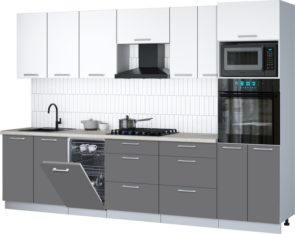 Изображение товара Кухонный гарнитур Интерлиния Мила Gloss 3.05-ПМ3 (серый/белый/опал светлый)