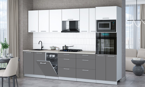 Изображение товара Кухонный гарнитур Интерлиния Мила Gloss 3.05-ПМ3 (серый/белый/опал светлый)