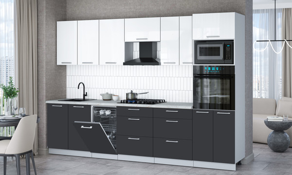 Изображение товара Кухонный гарнитур Интерлиния Мила Gloss 3.05-ПМ3 (пепел/белый глянец/серый каспий)