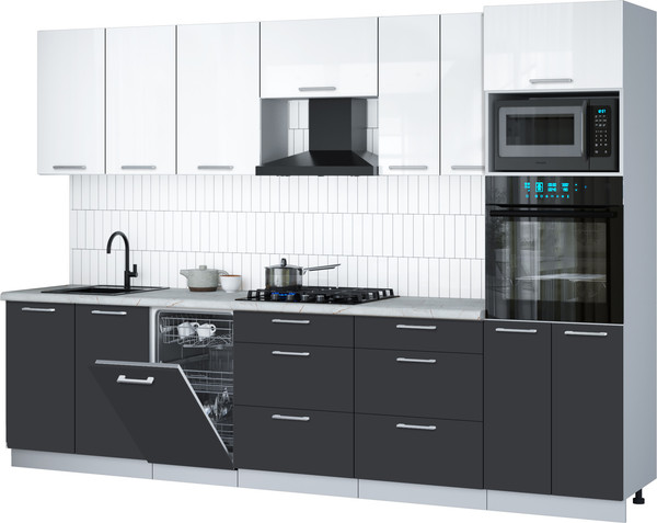 Изображение товара Кухонный гарнитур Интерлиния Мила Gloss 3.05-ПМ3 (пепел/белый глянец/серый каспий)