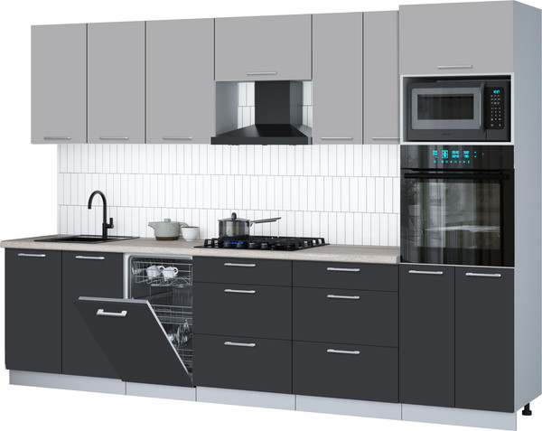 Изображение товара Кухонный гарнитур Интерлиния Мила Gloss 3.05-ПМ3 (пепел/грей/травертин серый)