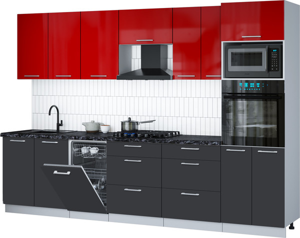 Изображение товара Кухонный гарнитур Интерлиния Мила Gloss 3.05-ПМ3 (пепел/красный глянец/кастилло темный)