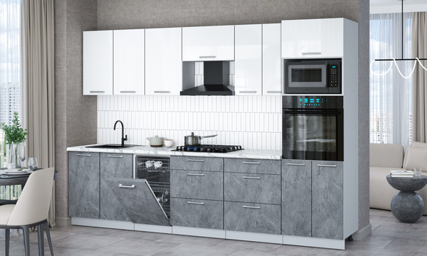 Изображение товара Кухонный гарнитур Интерлиния Мила Gloss 3.05-ПМ3 (керамика/белый глянец/белый гранит)