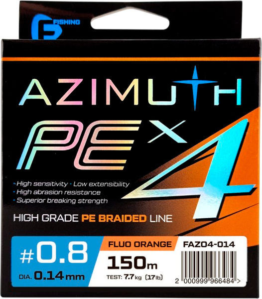 Изображение товара Леска плетеная F-Fishing Azimuth PE X4 150м Orange / FAZO4-014 (0.14мм)