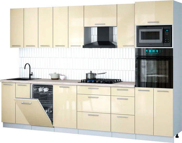 Изображение товара Кухонный гарнитур Интерлиния Мила Gloss 3.1-ПМ3 (ваниль глянец/ваниль глянец/травертин серый)