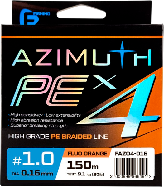 Изображение товара Леска плетеная F-Fishing Azimuth PE X4 150м Orange / FAZO4-016 (0.16мм)