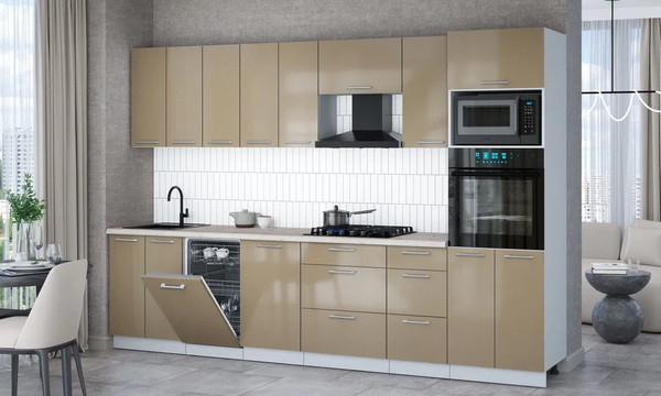 Изображение товара Кухонный гарнитур Интерлиния Мила Gloss 3.1-ПМ3 (капучино глянец/капучино глянец/бискайская сосна)