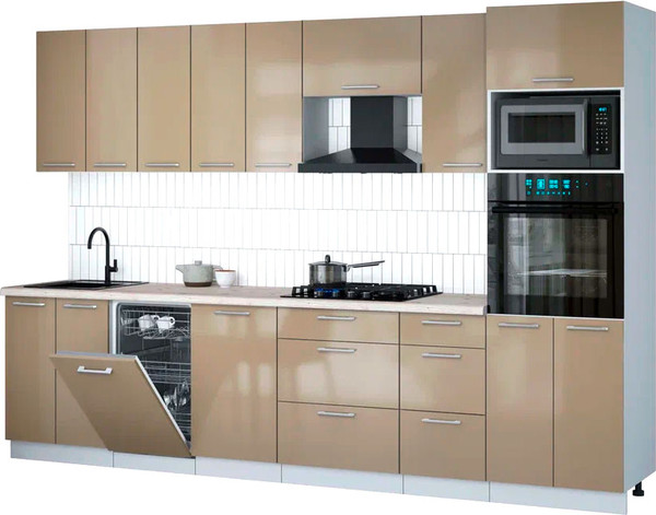 Изображение товара Кухонный гарнитур Интерлиния Мила Gloss 3.1-ПМ3 (капучино глянец/капучино глянец/бискайская сосна)