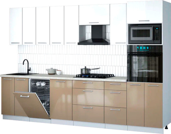 Изображение товара Кухонный гарнитур Интерлиния Мила Gloss 3.1-ПМ3 (капучино глянец/белый глянец/опал светлый)