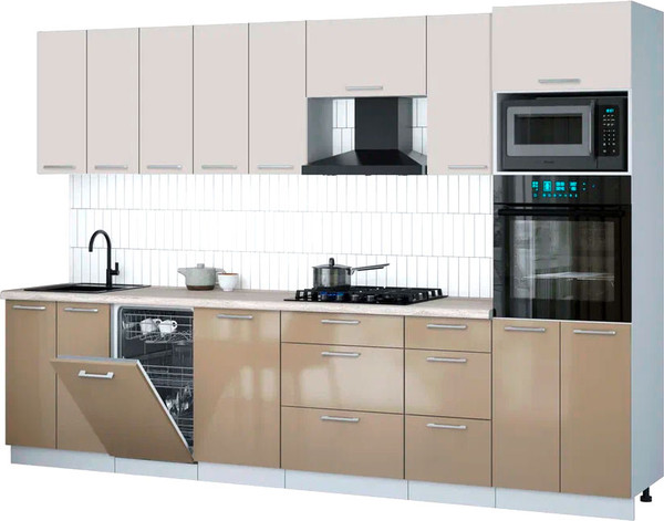 Изображение товара Кухонный гарнитур Интерлиния Мила Gloss 3.1-ПМ3 (капучино глянец/кашемир/травертин серый)