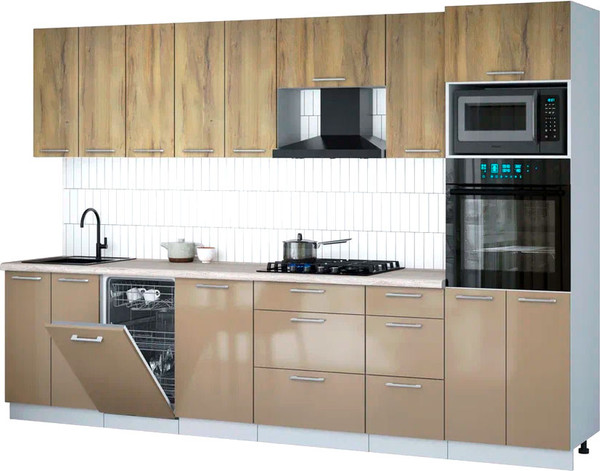 Изображение товара Кухонный гарнитур Интерлиния Мила Gloss 3.1-ПМ3 (капучино глянец/дуб вотан/серый каспий)