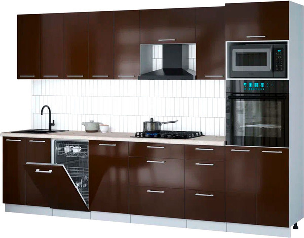 Изображение товара Кухонный гарнитур Интерлиния Мила Gloss 3.1-ПМ3 (шоколад глянец/шоколад глянец/бискайская сосна)