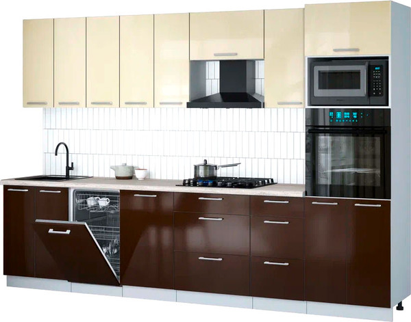 Изображение товара Кухонный гарнитур Интерлиния Мила Gloss 3.1-ПМ3 (шоколад глянец/ваниль глянец/травертин серый)