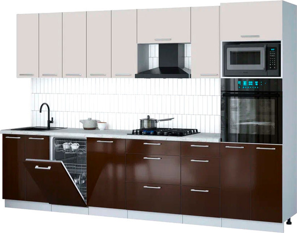 Изображение товара Кухонный гарнитур Интерлиния Мила Gloss 3.1-ПМ3 (шоколад глянец/кашемир/серый каспий)