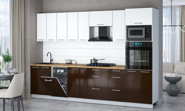 Изображение товара Кухонный гарнитур Интерлиния Мила Gloss 3.1-ПМ3 (шоколад глянец/белый/дуб бунратти)