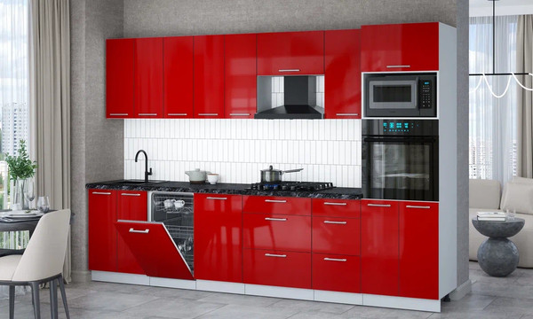Изображение товара Кухонный гарнитур Интерлиния Мила Gloss 3.1-ПМ3 (красный глянец/красный глянец/кастилло темный)