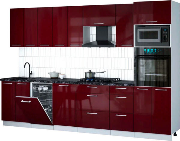 Изображение товара Кухонный гарнитур Интерлиния Мила Gloss 3.1-ПМ3 (бордовый глянец/бордовый глянец/кастилло темный)