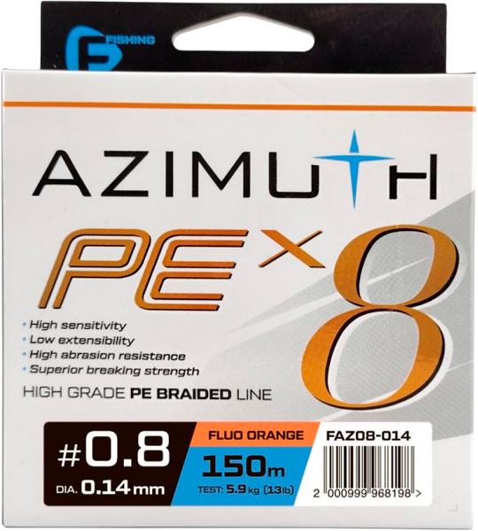 Изображение товара Леска плетеная F-Fishing Azimuth PE X8 150м Orange / FAZO8-014 (0.14мм)