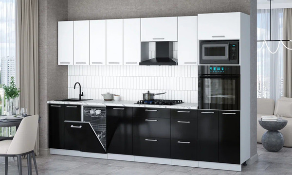 Изображение товара Кухонный гарнитур Интерлиния Мила Gloss 3.1-ПМ3 (черный глянец/белый/белый гранит)