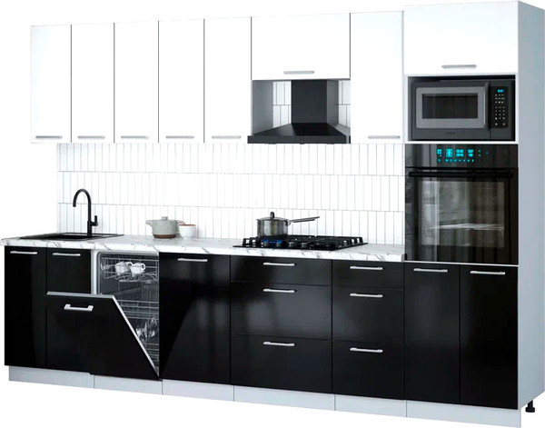 Изображение товара Кухонный гарнитур Интерлиния Мила Gloss 3.1-ПМ3 (черный глянец/белый/белый гранит)