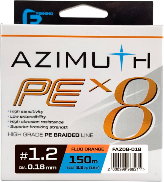 Изображение товара Леска плетеная F-Fishing Azimuth PE X8 150м Orange / FAZO8-018 (0.18мм)
