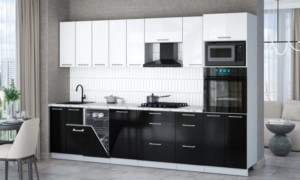 Изображение товара Кухонный гарнитур Интерлиния Мила Gloss 3.1-ПМ3 (черный глянец/белый глянец/белый гранит)