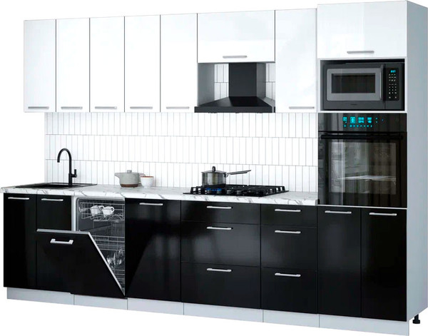 Изображение товара Кухонный гарнитур Интерлиния Мила Gloss 3.1-ПМ3 (черный глянец/белый глянец/белый гранит)