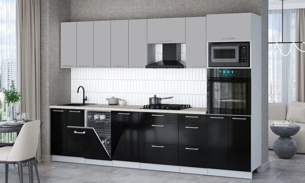 Изображение товара Кухонный гарнитур Интерлиния Мила Gloss 3.1-ПМ3 (черный глянец/грей/бискайская сосна)