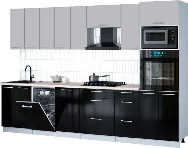 Изображение товара Кухонный гарнитур Интерлиния Мила Gloss 3.1-ПМ3 (черный глянец/грей/бискайская сосна)