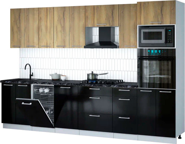 Изображение товара Кухонный гарнитур Интерлиния Мила Gloss 3.1-ПМ3 (черный глянец/дуб вотан/кастилло темный)