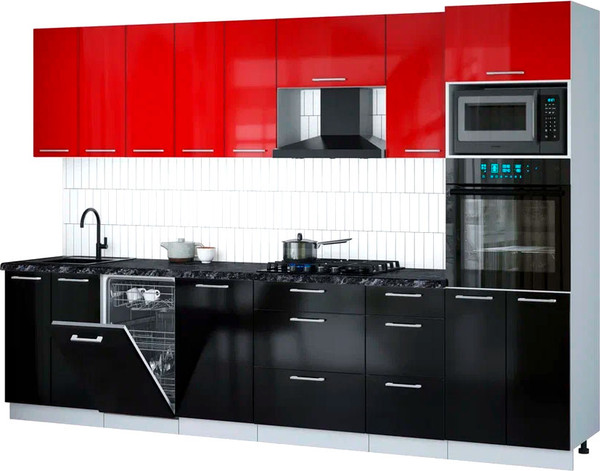 Изображение товара Кухонный гарнитур Интерлиния Мила Gloss 3.1-ПМ3 (черный глянец/красный глянец/кастилло темный)