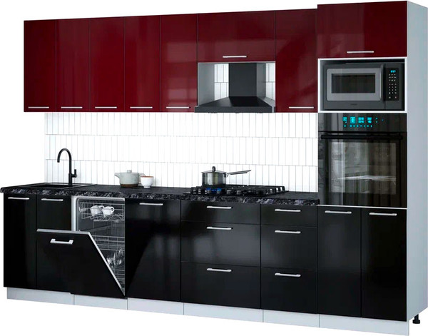 Изображение товара Кухонный гарнитур Интерлиния Мила Gloss 3.1-ПМ3 (черный глянец/бордовый глянец/кастилло темный)