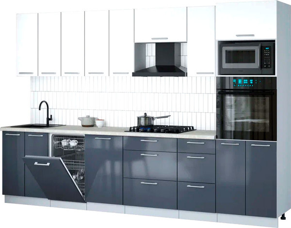 Изображение товара Кухонный гарнитур Интерлиния Мила Gloss 3.1-ПМ3 (асфальт глянец/белый/опал светлый)