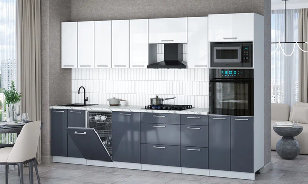 Изображение товара Кухонный гарнитур Интерлиния Мила Gloss 3.1-ПМ3 (асфальт глянец/белый глянец/белый гранит)