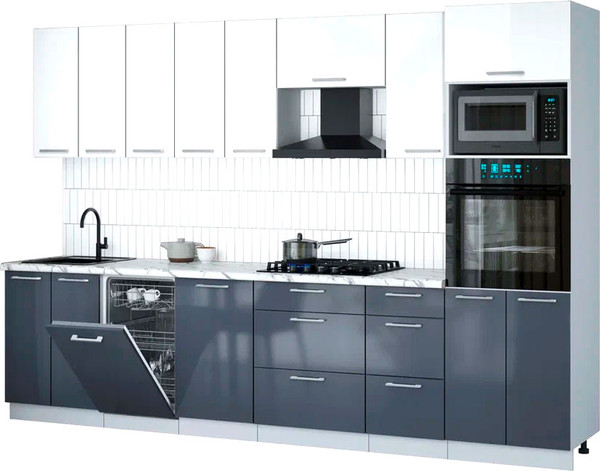 Изображение товара Кухонный гарнитур Интерлиния Мила Gloss 3.1-ПМ3 (асфальт глянец/белый глянец/белый гранит)