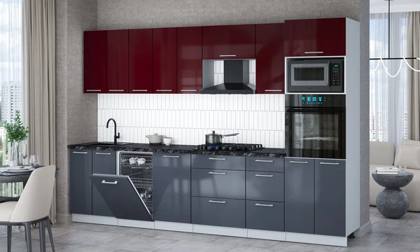Изображение товара Кухонный гарнитур Интерлиния Мила Gloss 3.1-ПМ3 (асфальт глянец/бордовый глянец/кастилло темный)
