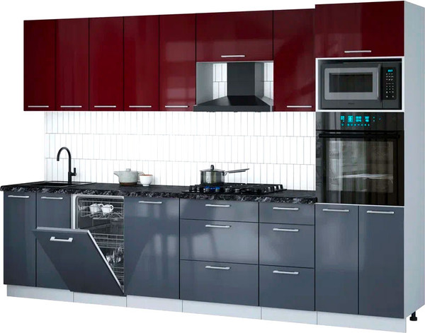 Изображение товара Кухонный гарнитур Интерлиния Мила Gloss 3.1-ПМ3 (асфальт глянец/бордовый глянец/кастилло темный)
